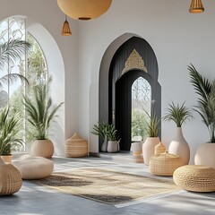 Modern, airy, spacious interior design featuring arches, natural light, and warm tones