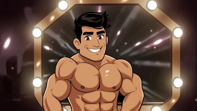Handsome Muscular Cartoon Man Flexing Biceps Backstage.