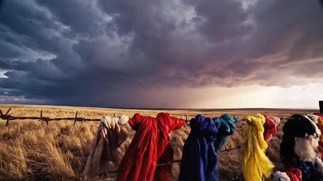 Colorful fabric rags tangled on barbed wire fence against dramatic stormy sky over dry grass field