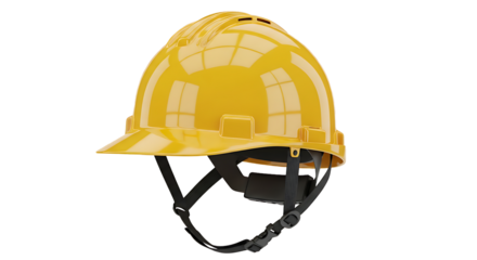 Bright yellow hard hat safety helmet with adjustable straps on black background