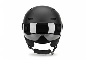 Fototapeta premium Matte black protective headgear featuring an integrated reflective visor is centered against a bright background.