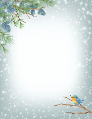 Christmas background with winter greenery and bird, pine tree twig and eucalyptus branch against background of snowfall and snowflakes. New Year design for greeting or invitation.