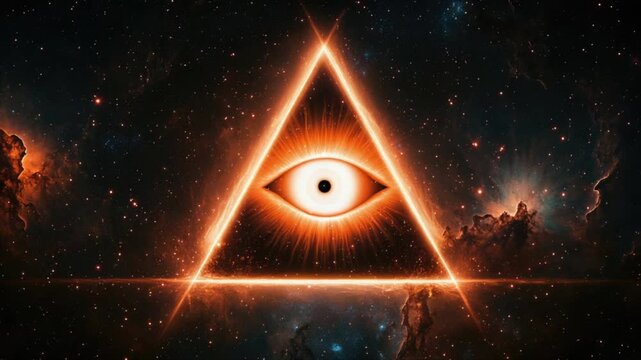 Eye of Providence in the starry night sky. Shining all-seeing God's eye in triangle. Illuminati and Freemasons symbol