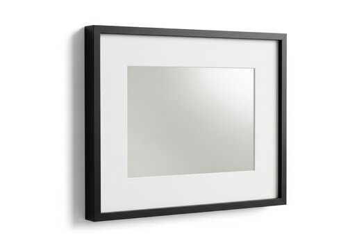 Minimalist black picture frame with white matting displayed on a clean white wall
