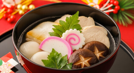 Traditional Japanese Ozouni soup served in a lacquer bowl, featuring mochi, chicken, Satoimo, kamaboko, and shiitake mushrooms with New Year decorations.