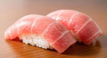 Close-up of two pieces of otoro tuna nigiri sushi, showcasing rich marbling, glossy texture, and premium Japanese culinary craftsmanship.