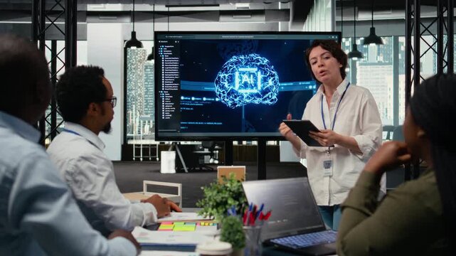 Investors gathered in tech startup boardroom to do deep dive into artificial intelligence. Programmer showcasing latest innovations in AI sector at corporate event in front of businesspeople, camera A