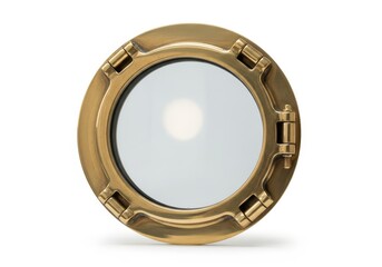 Naklejka premium Circular maritime window featuring a polished brass frame and clear glass pane isolated on a white background