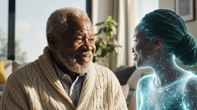Elderly man shares wisdom with a digital apparition of a young woman.
