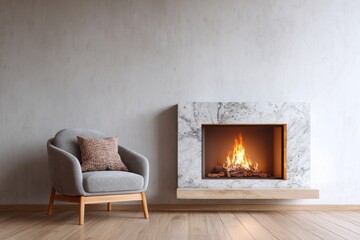 Cozy armchair sits beside a lit fireplace with a marble surround.