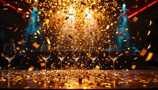 Luxurious Celebration with Sparkling Golden Confetti Falling on a Row of Elegant Glasses - Powered by Adobe