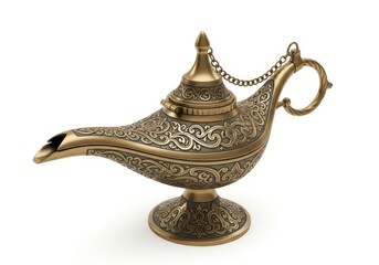 Fototapeta premium Ornate antique metal oil lamp rests against a stark white background