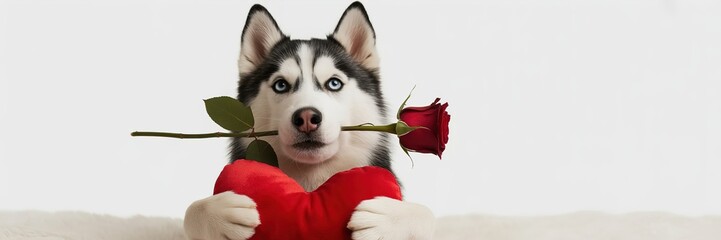 Cute Siberian Husky Puppy Celebrating Valentine's Day with Red Rose and Heart Shaped Box on White Background Adorable Pet Love Theme