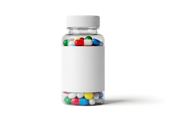 Clear plastic medication container filled with colorful pills and capsules stands against a white background