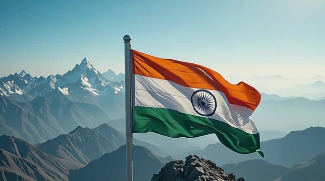 Indian national flag waving proudly atop a rugged mountain peak against a clear blue sky backdrop