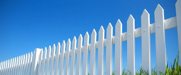 Clean white picket fence against a bright blue sky,  horizontal,  close-up