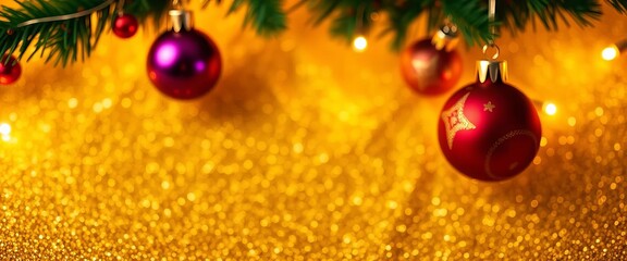 Sparkling gold glitter backdrop with festive Christmas ornaments and bokeh lights, festive background, abstract