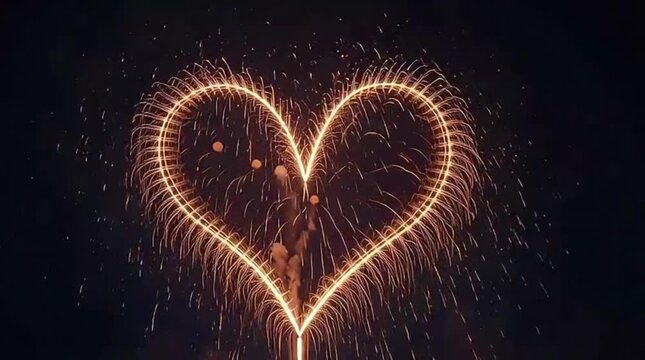 Brilliant golden heart shape formed by spectacular fireworks exploding against the dark night sky celebrating love and romance