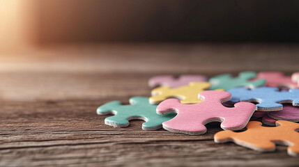 Closeup view of colorful puzzle pieces on wooden table