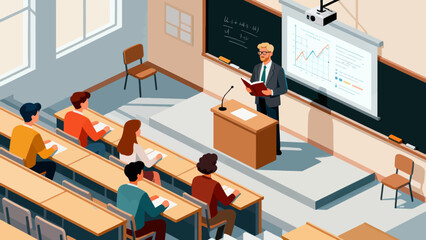 This isometric illustration depicts a classroom scene: a teacher lectures in front of a classroom, while students sit at desks taking notes, capturing a typical educational learning environment.