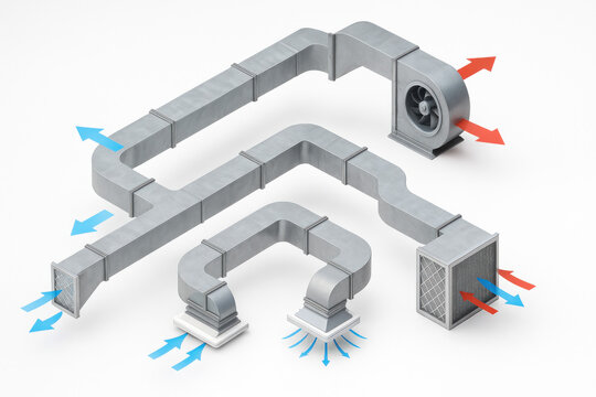 Isometric HVAC ventilation system diagram showing ducts, air filters, fans and airflow arrows