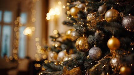 Fototapeta premium Beautifully Decorated Christmas Tree with Warm Lights, Sparkling Ornaments, and a Cozy Holiday Atmosphere Indoors