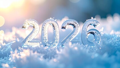 Fototapeta premium 2026 icy numbers covered in frost and snow, winter New Year background, cold blue holiday scene with soft light and copyspace