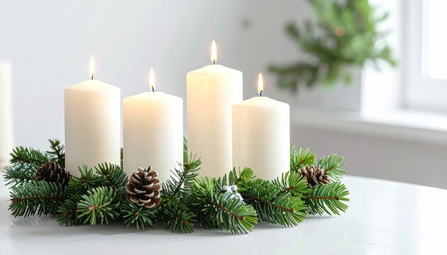 Advent wreath with four white candles and fresh evergreen branches on bright table | modern minimalist fourth advent decoration | clean festive background
