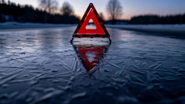 Red emergency warning triangle on treacherous icy road at sunset, safety alert for winter driving conditions