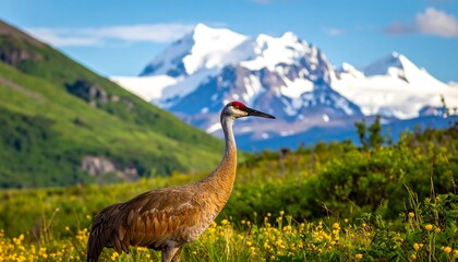 Fototapeta premium Sandhill Crane in Alaskas Wilderness - A Majestic Bird in a Stunning Landscape.