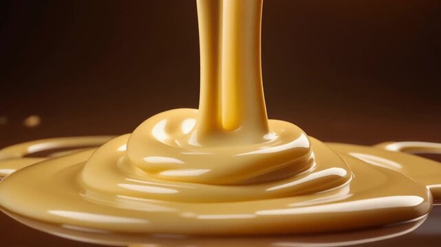 Thick condensed milk pouring in a slow continuous ribbon, creating glossy creamy swirls on a smooth surface