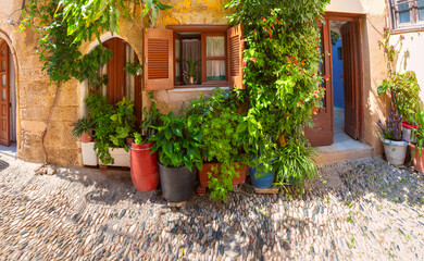 Stone house with potted plants and wooden shutters in the Old Town of Rhodes, Greece