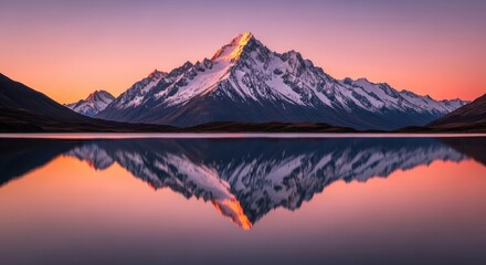 Snow-capped mountain with fiery sunset reflection in tranquil lake at dusk