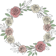 A circular wreath of pink mauve and pale yellow roses with green leaves outlined in black © dhorido studio