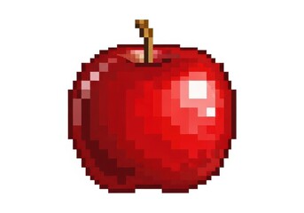 Obraz premium Pixelated representation of a shiny red fruit features a small brown stem against a white background