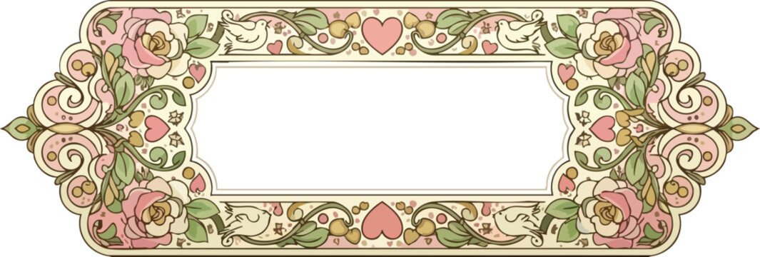 Art Nouveau style frame with pink roses doves and hearts on a light background