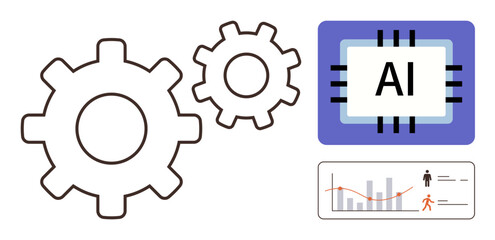 Gears, AI chip, and data chart highlight automation, AI, teamwork, analytics, innovation, tech processes and digital progress. Ideal for tech AI development business innovation analytics