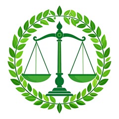 Scales of Justice with Green Laurel Wreath - Symbol of Environmental Law.