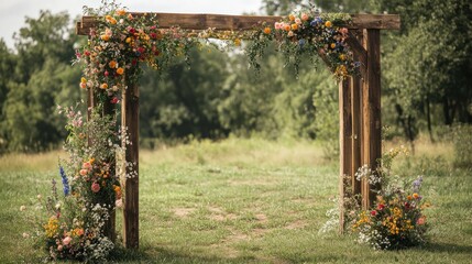 A rustic wooden archway adorned with a colorful floral arrangement stands in a grassy field, with a backdrop of trees and a bright, sunny sky.