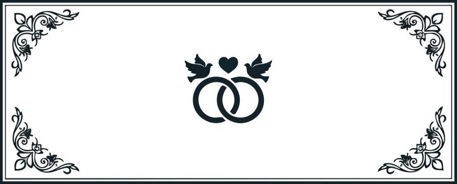 Black and white graphic border with four corner ornaments and central wedding rings doves and heart icon