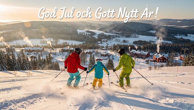 God Jul och Gott Nytt &Aring;r text, Swedish Christmas and New Year greeting with active family skiing in snowy landscape