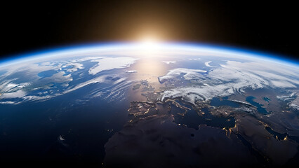 Dramatic sunrise over Earth, showcasing Europe and the Middle East from space