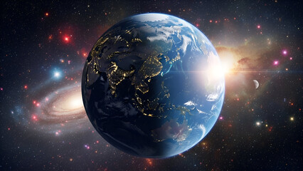 Earth from Space with city lights during sunrise and galaxy background concept