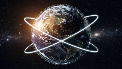 Global communications network connecting the world with glowing lines in space