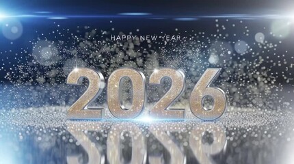 Happy New Year 2026 with Shiny Metallic Numbers and Festive Sparkles - Powered by Adobe
