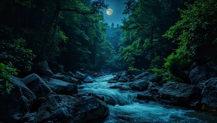 River stream water flow in the night with alot of stone and moonlight over the river