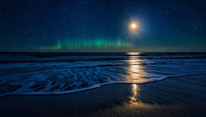 Ocean Waves Beach vibe on the night with aurora light 