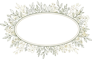 Oval frame bordered by delicate green and cream floral and leaf line art