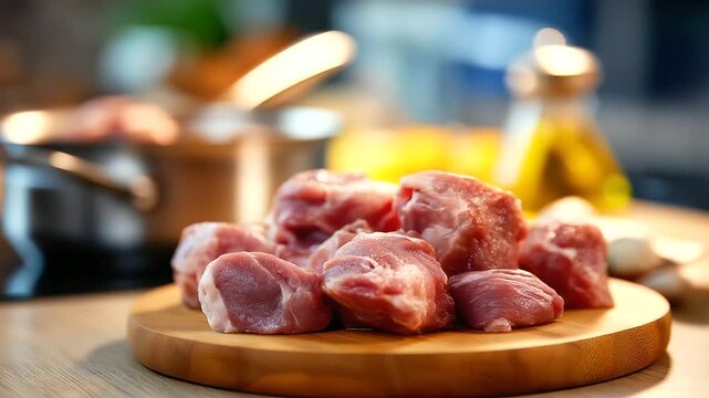 Raw pork meat, wooden board placement, cooking preparation surface, processed meat awareness, food safety concept, culinary ingredient display, kitchen preparation setting, defocus