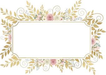 Rectangular frame bordered by gold leaves and blush pink and cream flowers